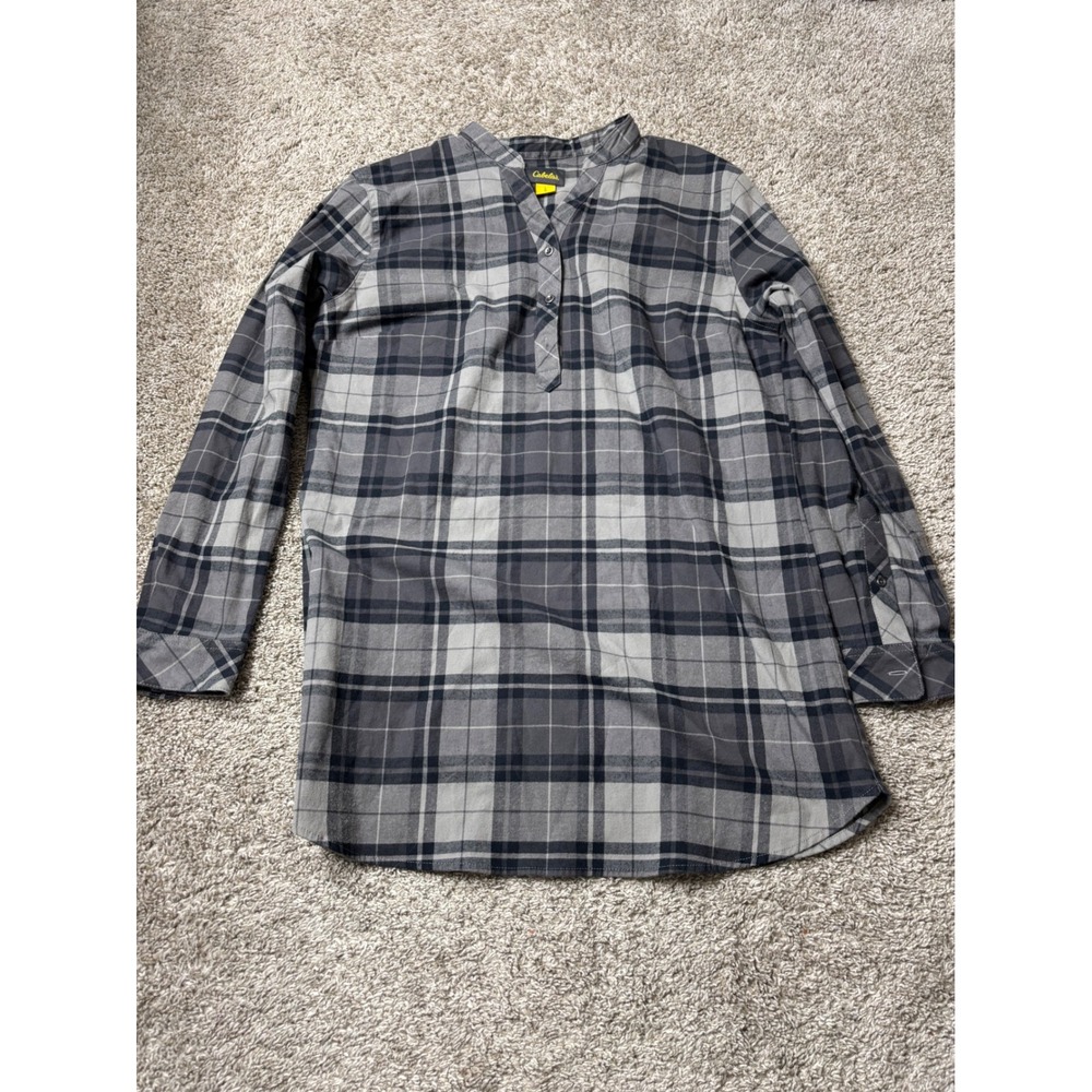 Cabelas Womens Grey Black Plaid Flannel Henley Tunic Long Sleeve Shirt Large